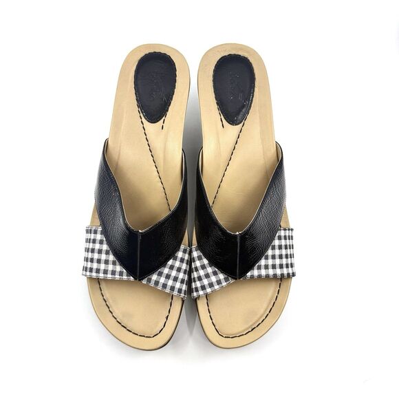 Dansko Wedge Sandals 42 US 11 Black Patent Gingham Slip On Heel Comfort Shoe - Picture 7 of 12
